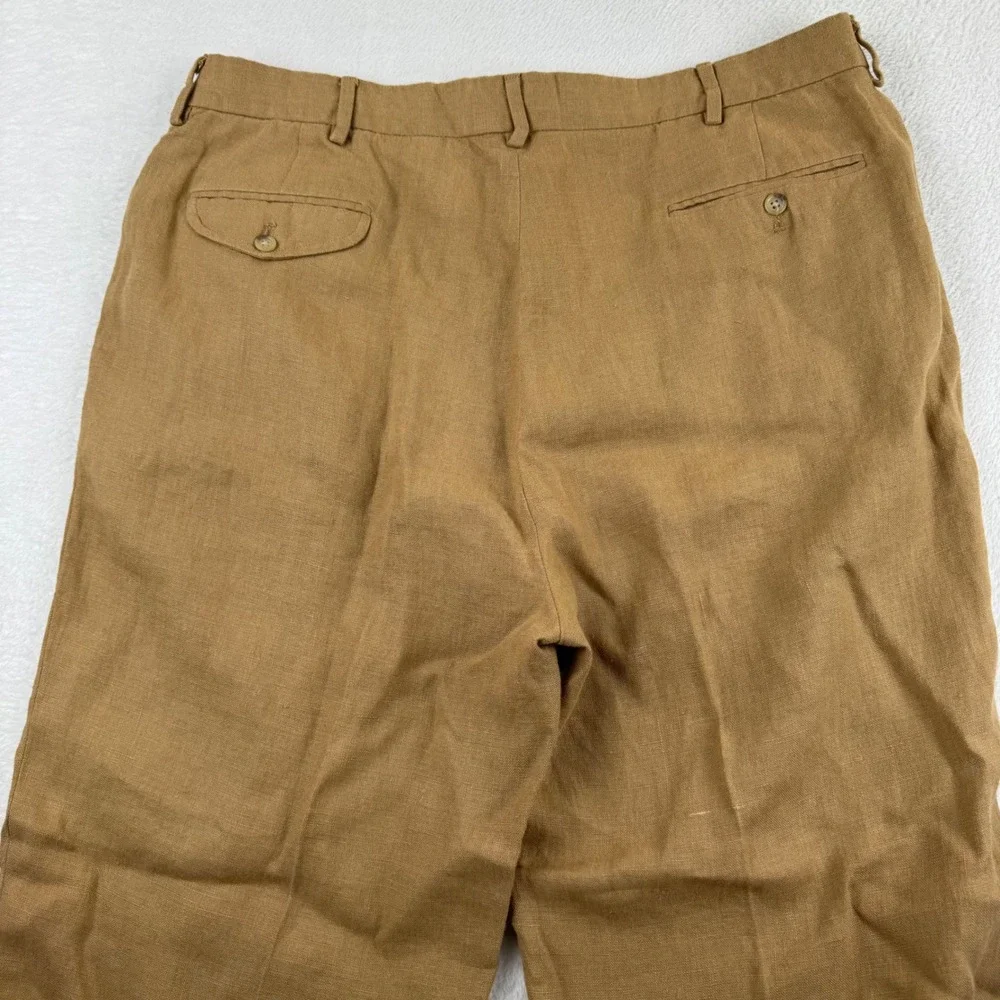 Vintage Polo Ralph Lauren Linen Trousers Mens 38x32 Tan Brown Pleated Cuff Pants
